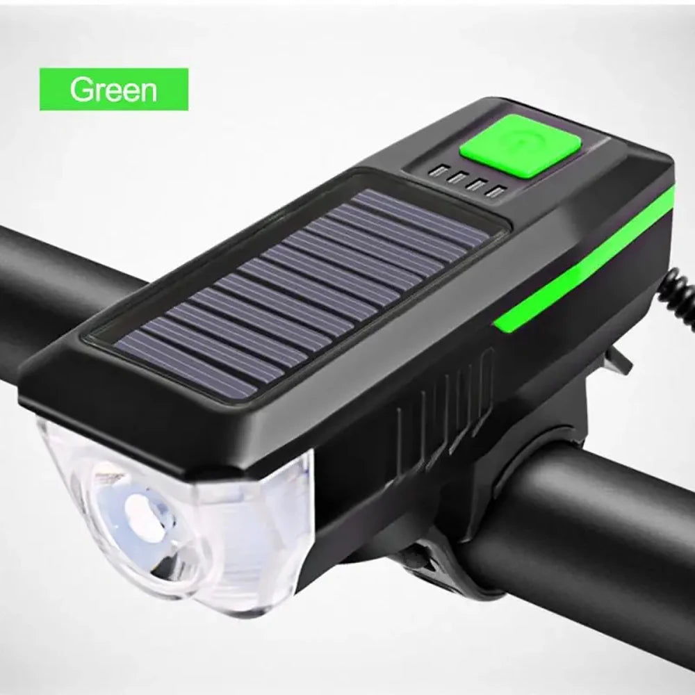 3 standen zonne-fiets koplamp met hoorn, USB oplaadbaar, LED berg