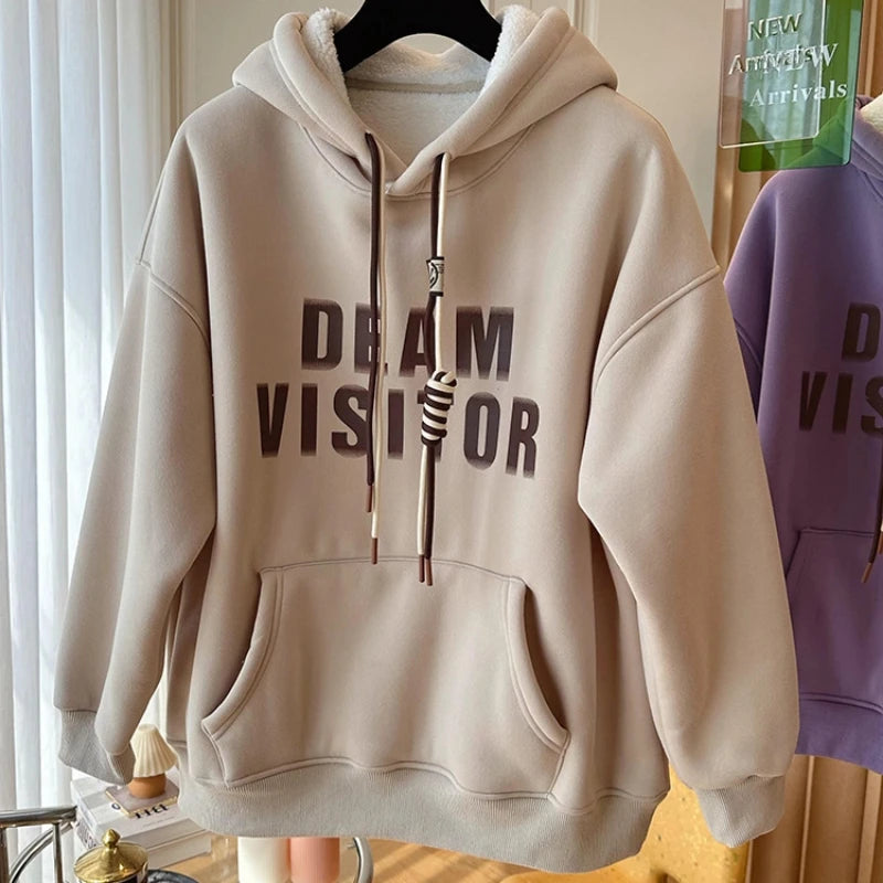 Loose Casual Letter Print Hooded Hoodies Sweatshirts Autumn Winter Thick Long