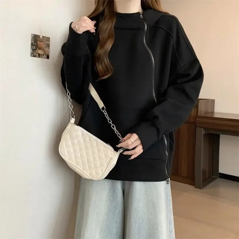 Plus Size Women Belly covering Hooded Diagonal Zipper Long sleeved Sweatshirt for Fat Girls Loose