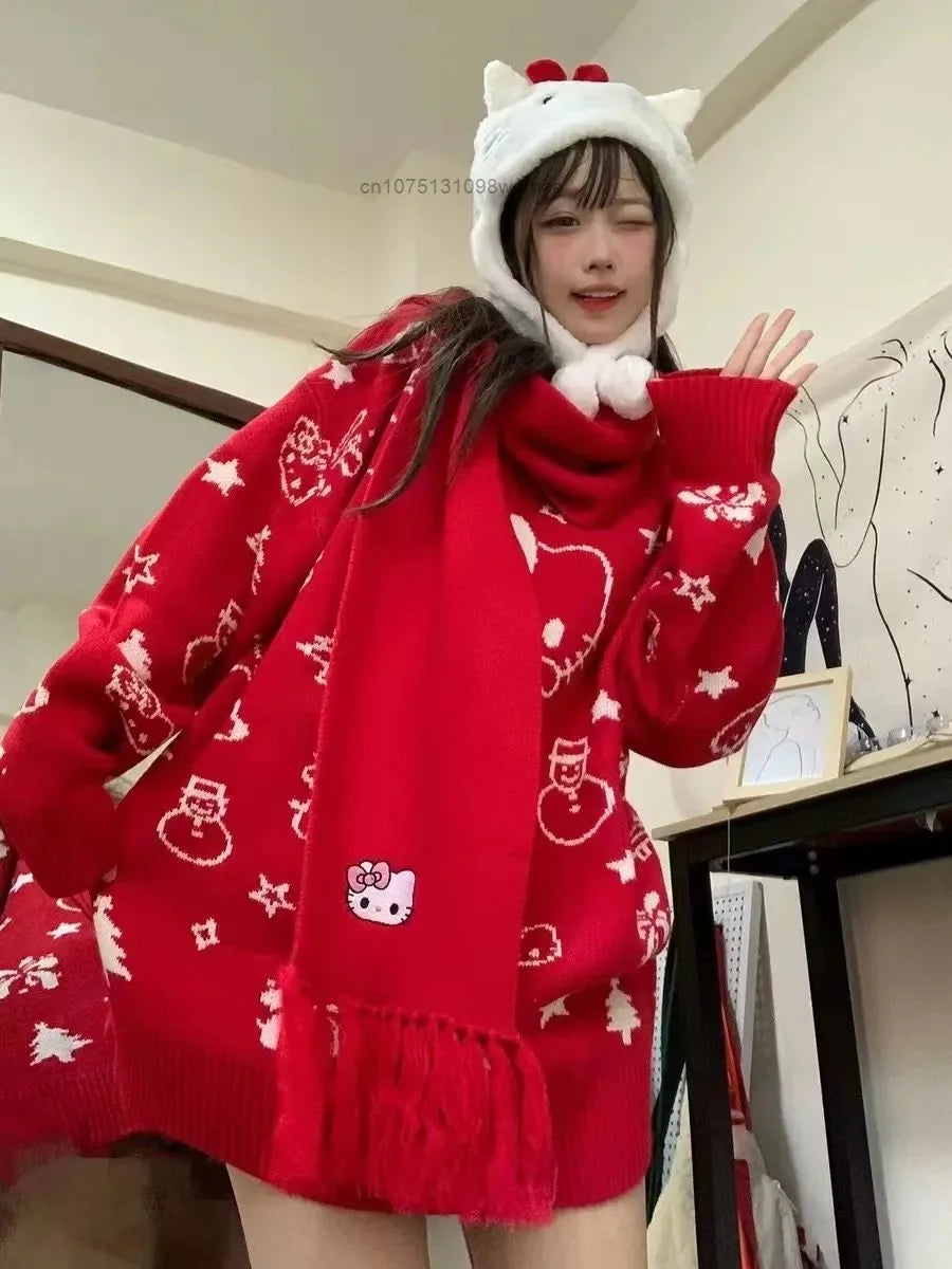 Kerst Hello Kitty schattige gebreide trui met sjaal voor vrouwen Y2k