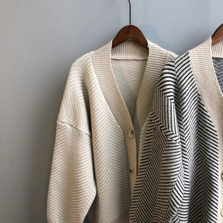 Bornladies Dames Trui Herfst Winter V-hals Gestreept Losvallend Cardigan