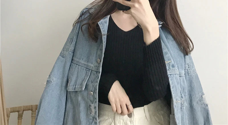 Heliar Dames V-hals Slim Sexy Trui Gebreid Lange Mouw Effen Onderkant Trui