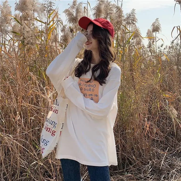 Cotton Loose Long Sleeved Top Women s Base T shirt