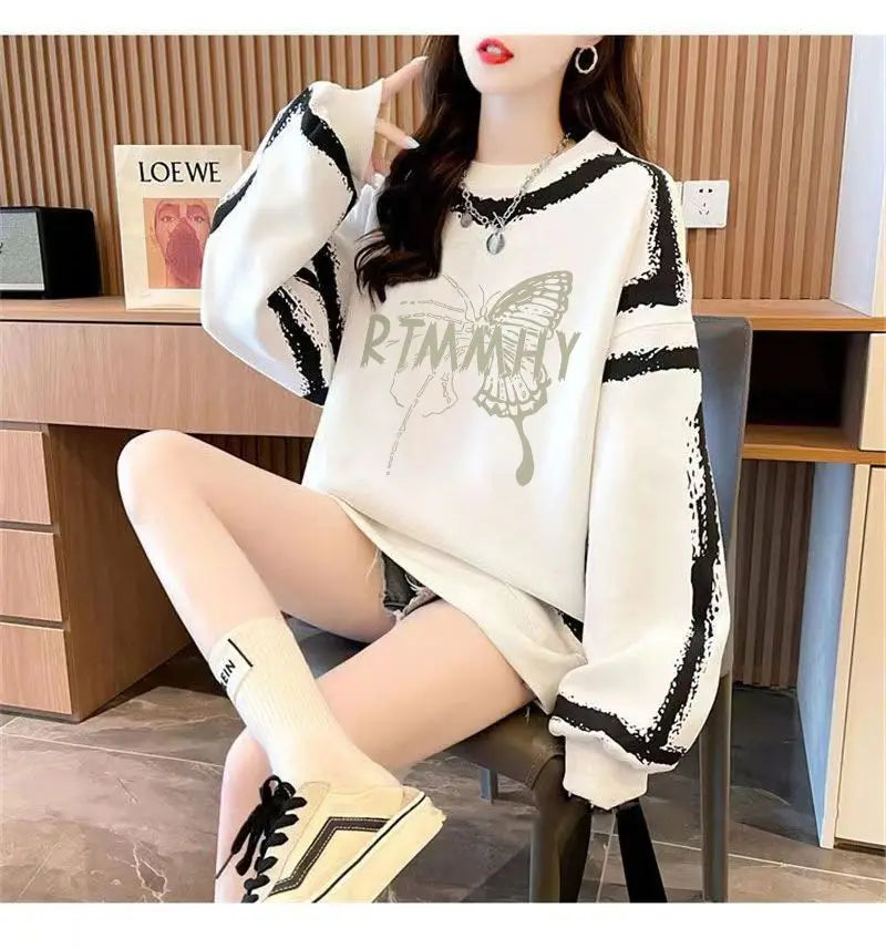 Dameskleding Koreaanse vlinderprint streetwear Y2K sweatshirt casual oversized tuniek hoodie O