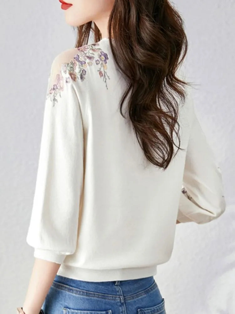 Летний вязаный свитер с цветочной вышивкой, женский пуловер, повседневная мода для женщин
