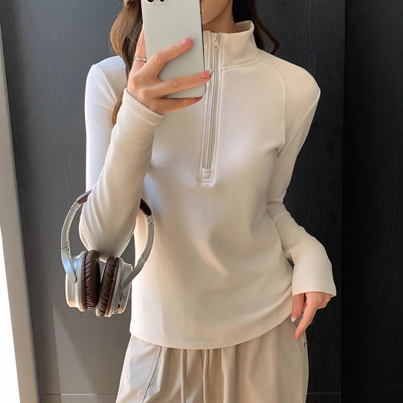 Herfst Winter Fleece Warme Sweatshirts Dames Chique Halfhoge Kraag Truien