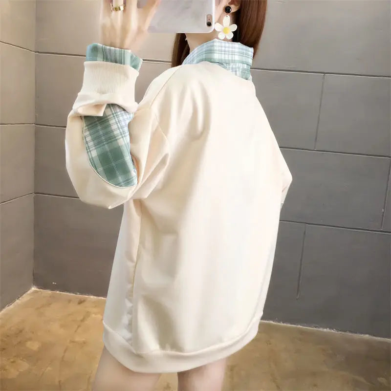 Fake Two Hoodies voor vrouwelijke studenten Koreaans ontwerp Patchwork Dun Lange mouwen Los Veelzijdig