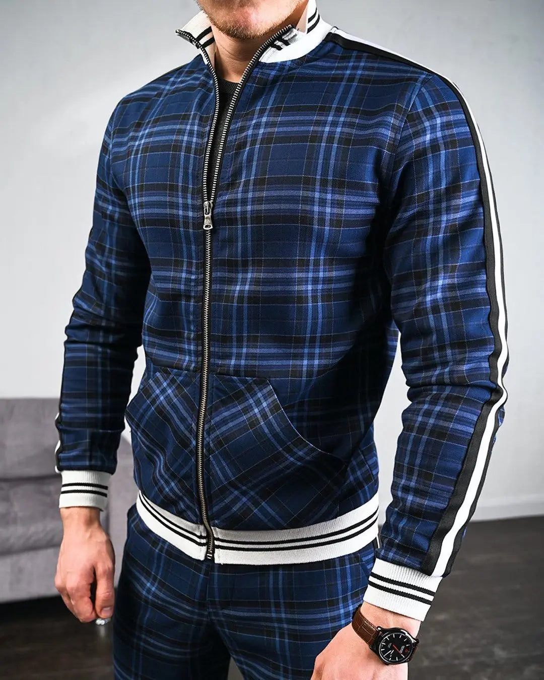 Mens Tracksuits Colorful Plaid Casual Zipper Hoodie Set 3D Print Set Autumn Male