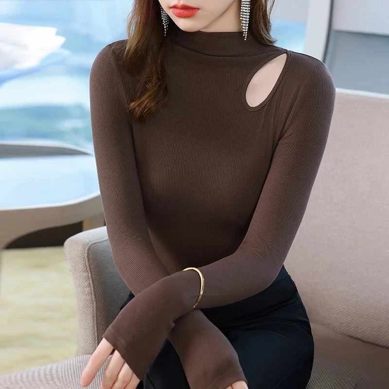 Dames Herfst Winter Bottoming Shirt Zwart Wit Casual Basic Slim Fluweel Thermisch