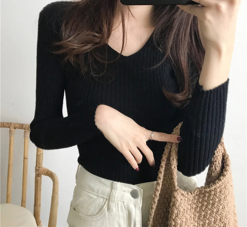Heliar Dames V-hals Slim Sexy Trui Gebreid Lange Mouw Effen Onderkant Trui