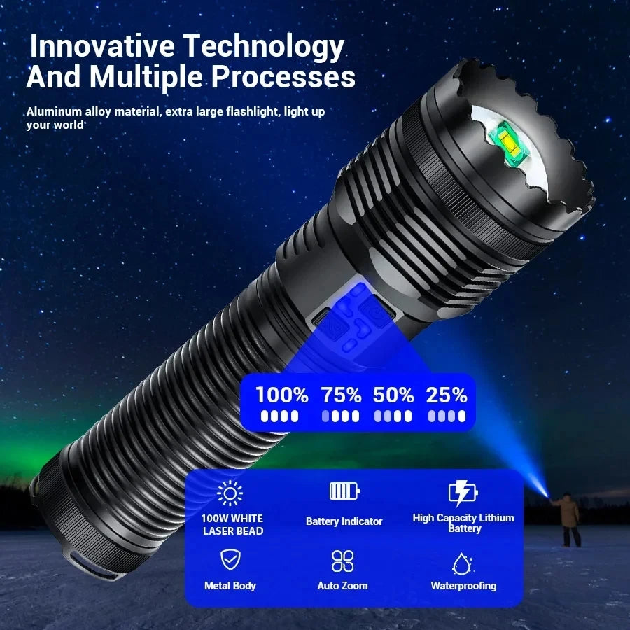 100W krachtige LED-zaklamp, ultraheldere tactische zaklamp met groot bereik, USB