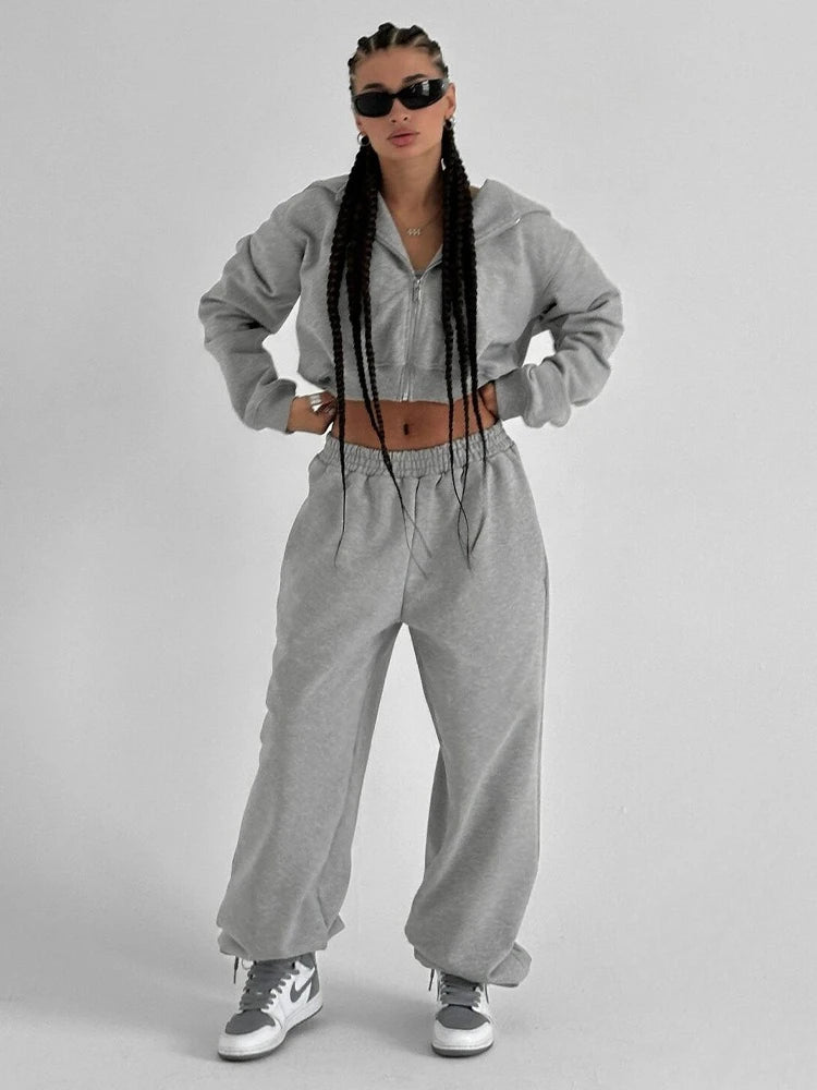 Bornladies Dames Cropped Hoodie Sweatpants Set Losse Trekkoord Taille Ritssluiting
