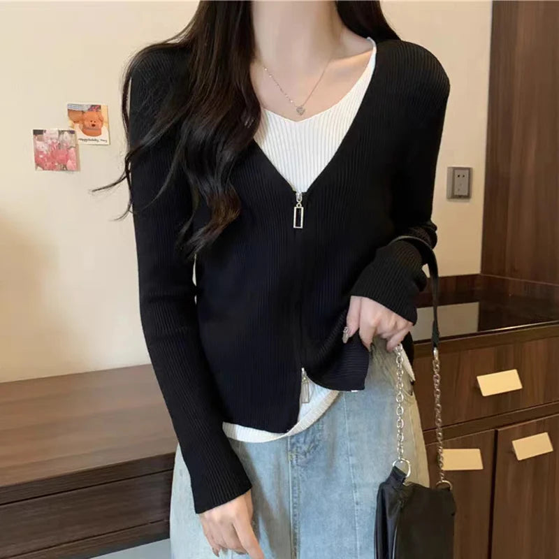 Mode valse tweedelige trui dames lente herfst mix kleur V-hals gebreid