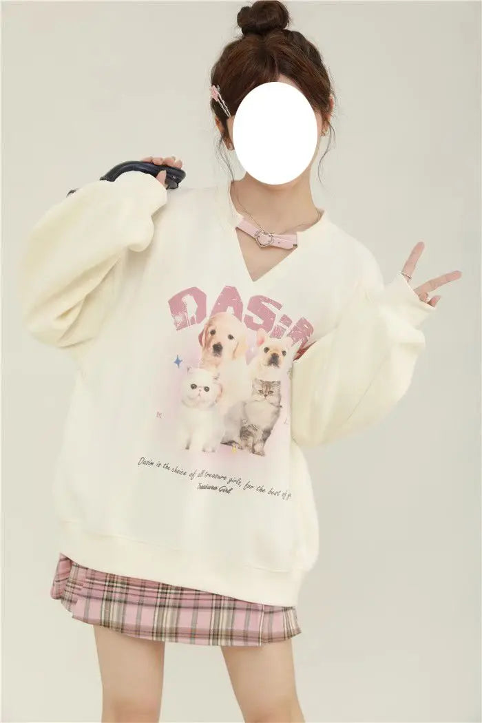 College-stijl schattige bedrukte fleece hoodie met lange mouwen voor dames en uniek ontwerp Sense Niche Loose