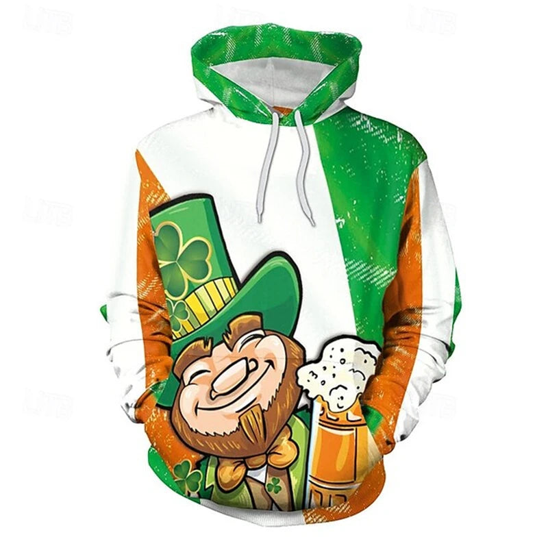 Men Hoodies St. Patricks Day Clothing 3D Print Green Clover Hat Graphic Hooded