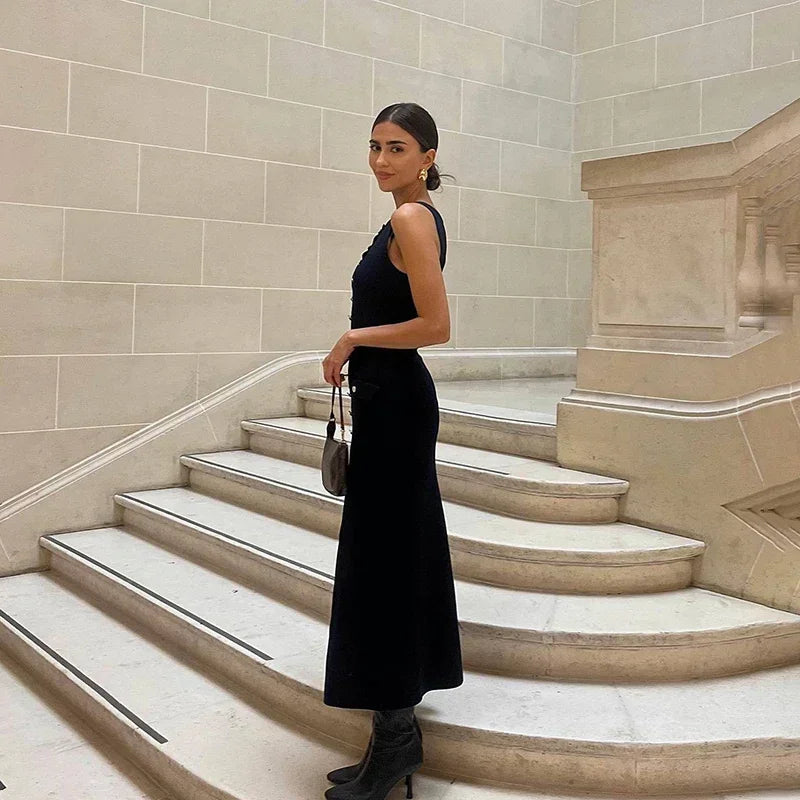 Elegante mouwloze enkelrijs geribbelde truien lange jurk voor dames hoog