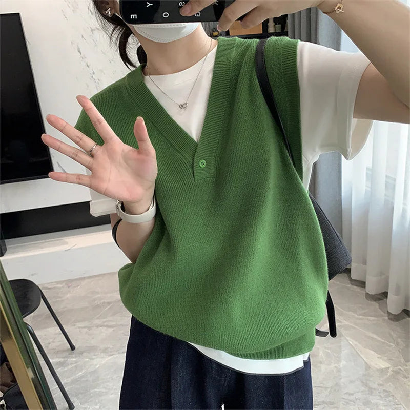 Casual Sleeveless Knitted Vest for Women Button V Neck Sweater Vest Woman Autumn