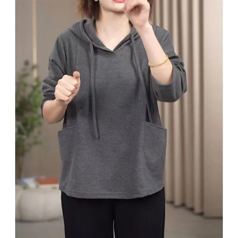Large Pocket Meat covering Hooded Sweatshirt Women s Spring and Autumn Style Loose Hips Wear Tops