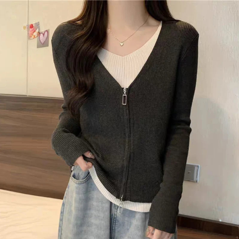 Mode valse tweedelige trui dames lente herfst mix kleur V-hals gebreid