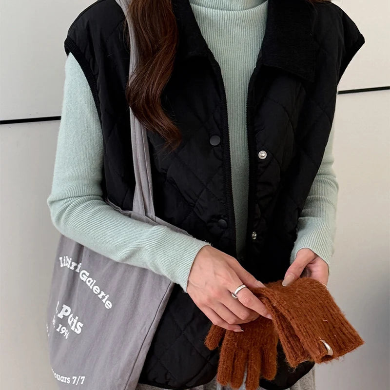 Koreaanse zakken mouwloos warm vest dames herfst winter omslagkraag