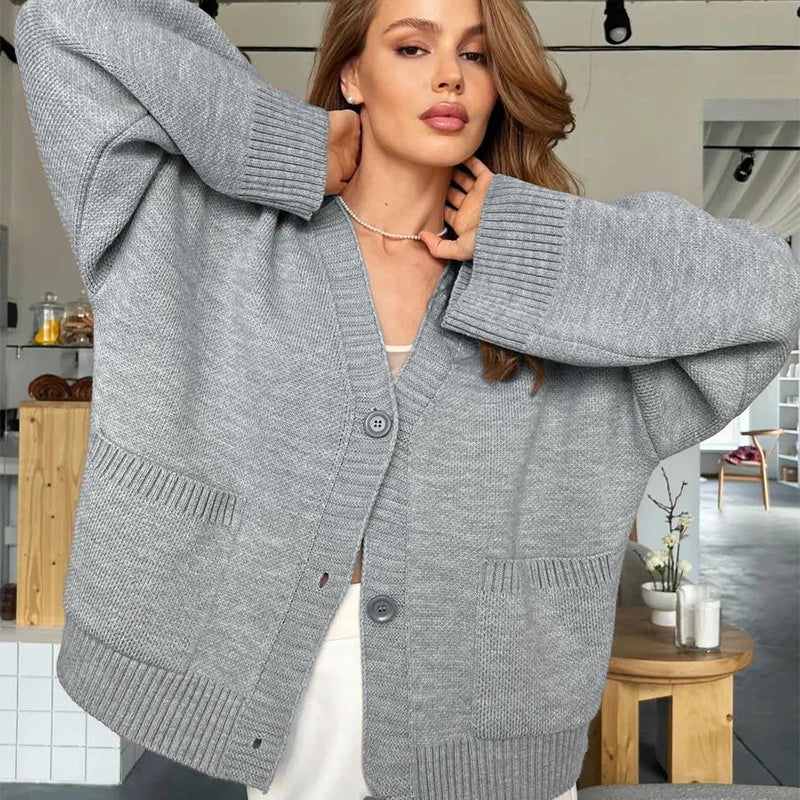 Gele gebreide single-breasted cardigan voor dames, lente/herfst, losse V-hals