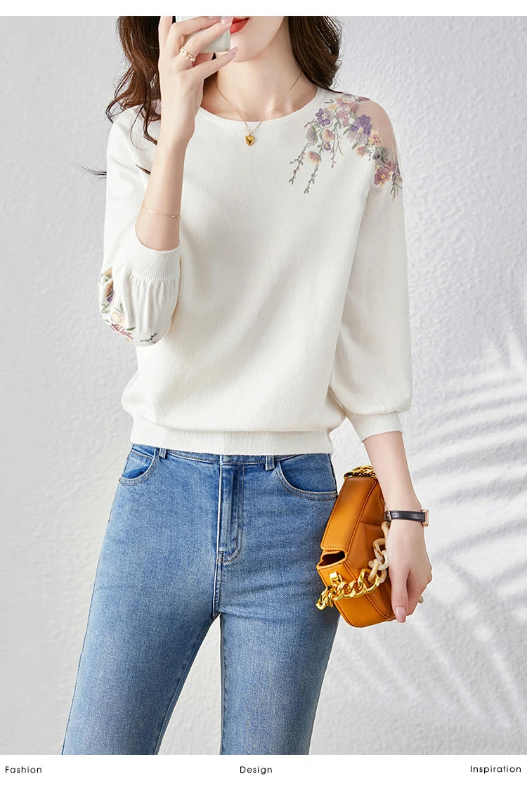 Летний вязаный свитер с цветочной вышивкой, женский пуловер, повседневная мода для женщин