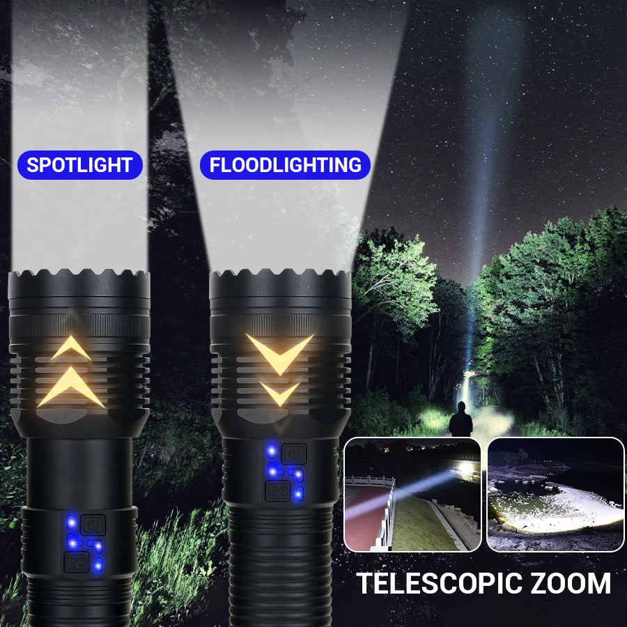 100W krachtige LED-zaklamp, ultraheldere tactische zaklamp met groot bereik, USB