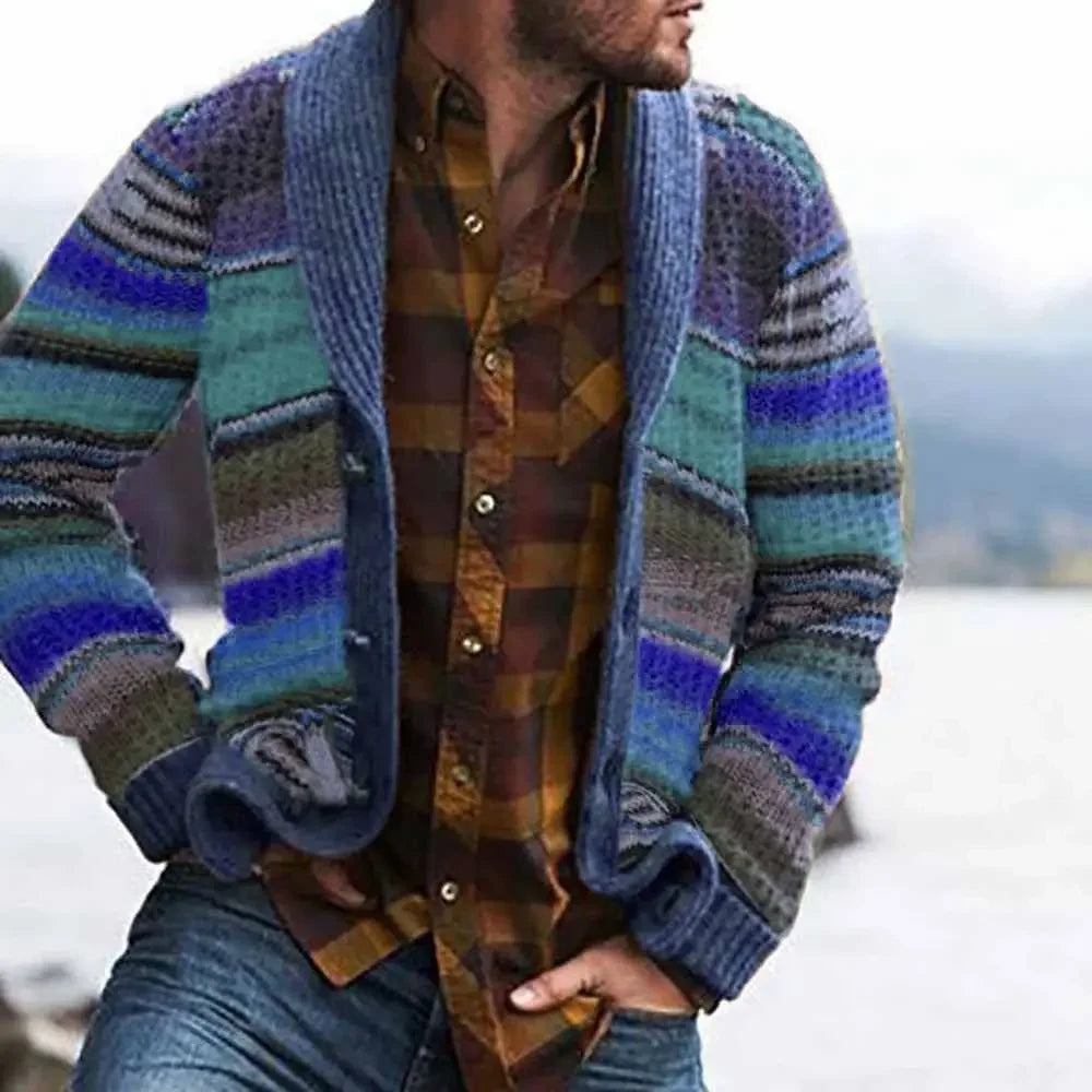 Men's Sweater Jacket Lapel Color-blocked Knitted Cardigan Sweater