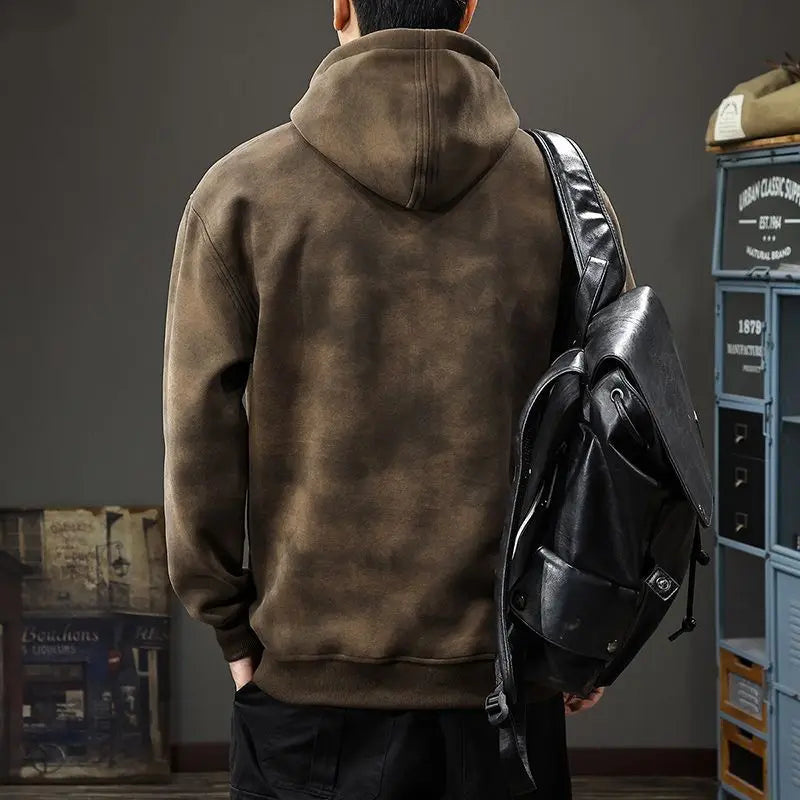 Men s Thick Hooded Sweatshirt High Neck Loose Korean Retro Style Casual Jacket