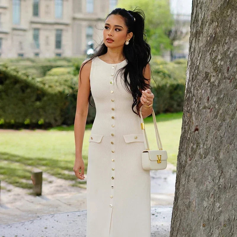 Elegante mouwloze enkelrijs geribbelde truien lange jurk voor dames hoog