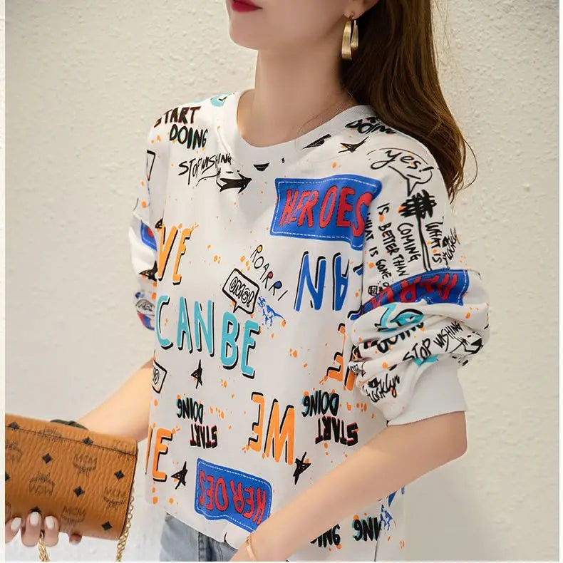 Classic Fashion Printing Letter Sweatshirts Women Long Sleeve Loose O collar Slim Casual All match