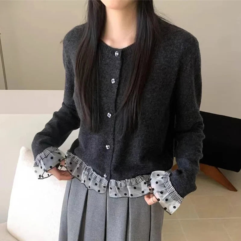 Koreaanse patchwork gebreide cardigan dames polka dot lange mouwen trui jassen