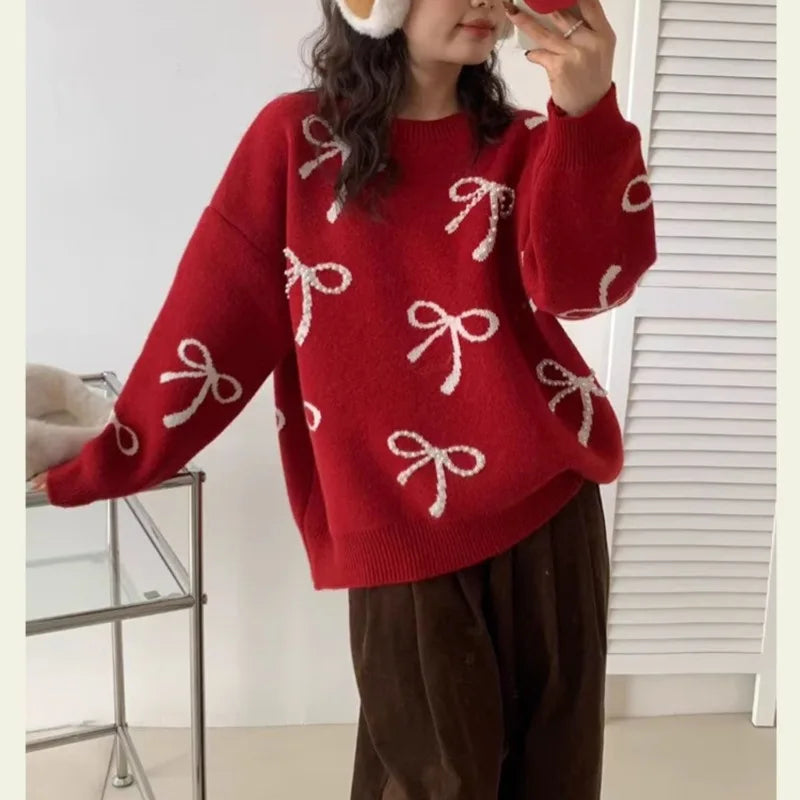 Mode strik genagelde kralen ronde hals trui voor dames in de herfst en winter Koreaanse losse