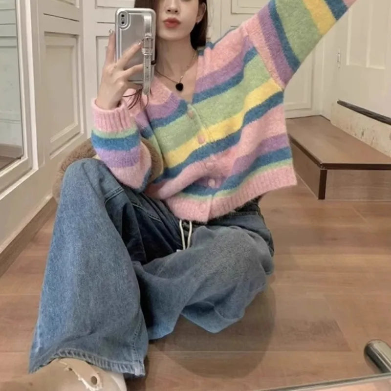 Chic regenboog gestreepte cardigan voor dames, losse enkelrijs gebreide cardigan voor dames