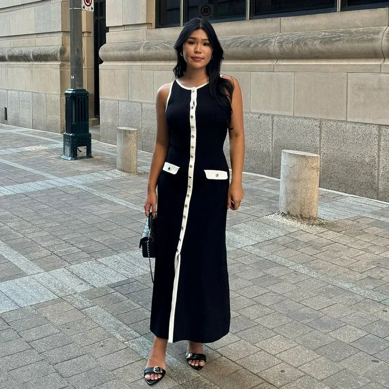 Elegante mouwloze enkelrijs geribbelde truien lange jurk voor dames hoog