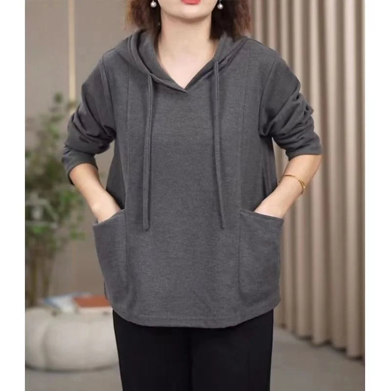 Large Pocket Meat covering Hooded Sweatshirt Women s Spring and Autumn Style Loose Hips Wear Tops