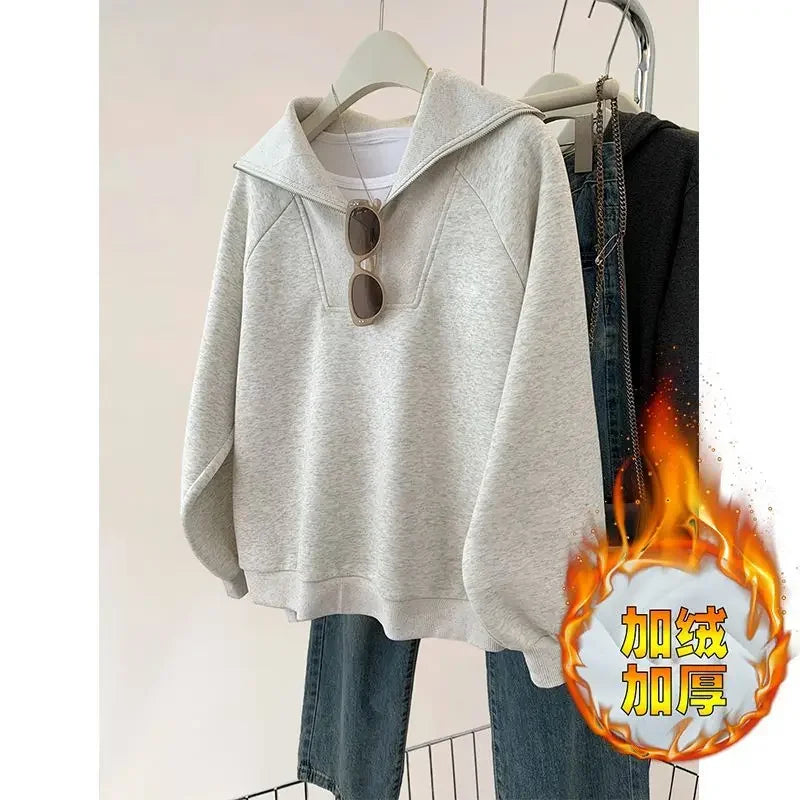 Large Size Age-reducing Cartoon Half-zipper Plus Velvet Sweatshirt Coat  Women Loose Slim Jacket