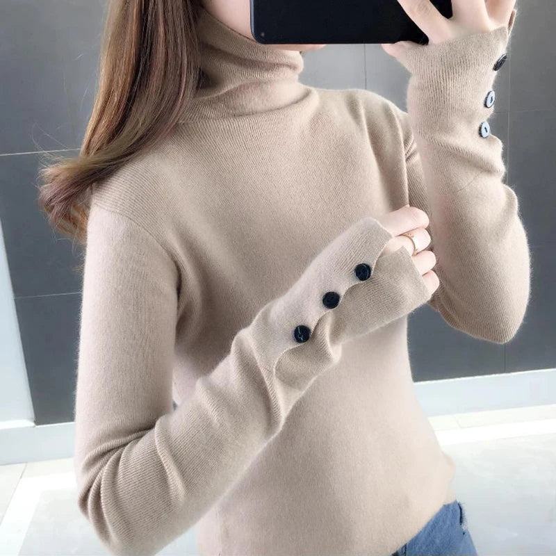 Heliar Dames Turtleneck Knopen Effen Warme Trui Lange Mouw Gebreid Basic