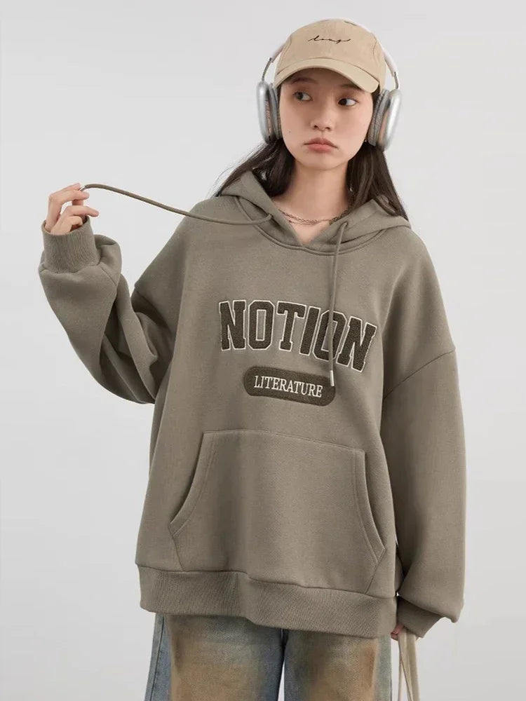 Chic VEN Women Sweatshirts Loose Casual Oversized Hooded Letter Patch Hoodie Female Fleece Woman Top