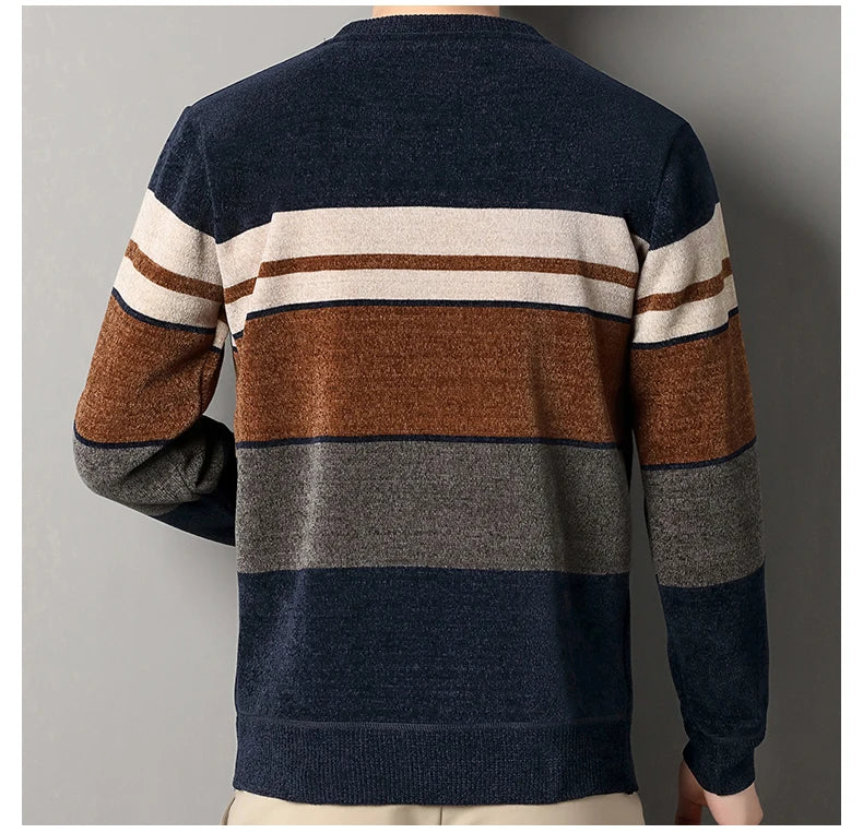Mens Chenille Sweaters Fashion Knitting Pullover Striped Men s Autumn Winter Top Clothes Round