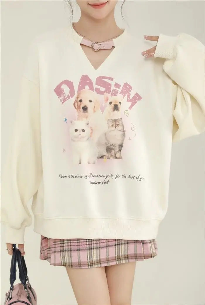 College-stijl schattige bedrukte fleece hoodie met lange mouwen voor dames en uniek ontwerp Sense Niche Loose