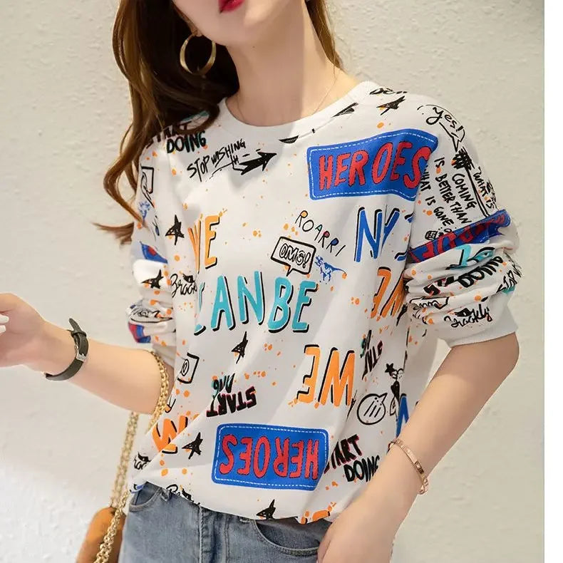 Classic Fashion Printing Letter Sweatshirts Women Long Sleeve Loose O collar Slim Casual All match