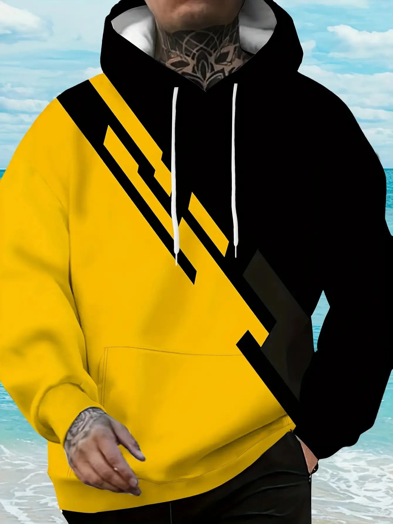 Men s Stylish Color Blocked Hooded Sweatshirt Trendy Black & Yellow Sportswear for Fall Spring
