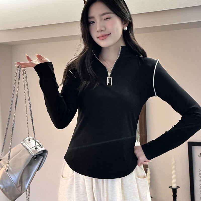 Koreaanse ritsen lange mouwen T-shirt voor vrouwen staande kraag slim fit trui vrouw