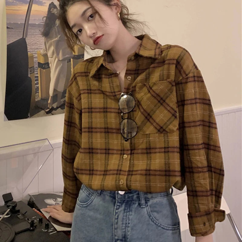 All Match Mix Color Plaid Shirts Dames Herfst Winter Enkelrijs Lange Mouw
