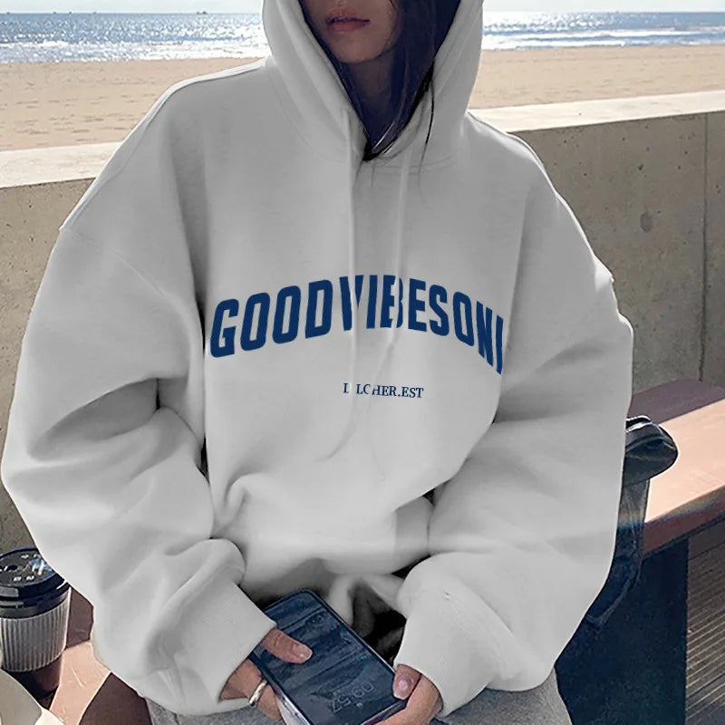 Autumn Fleece Hoodie Solid Color Letter Hooded Korean Fashion Sweatshirts Long