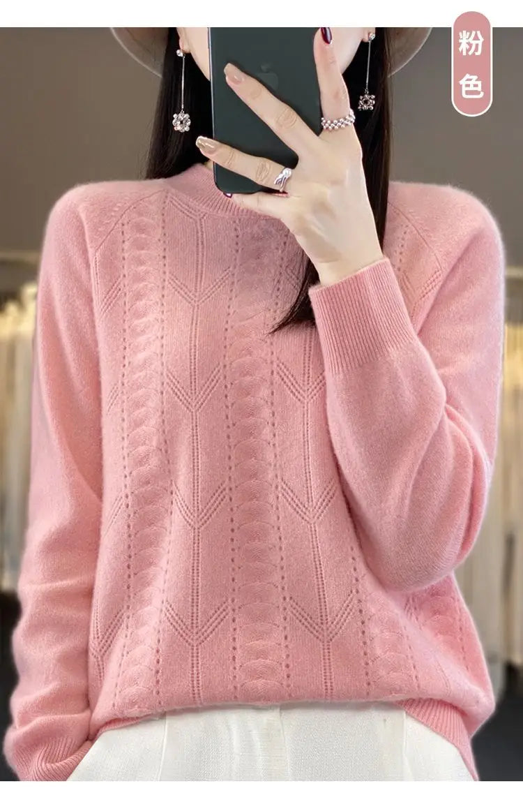 Women Stylish Simple Hollow Soft Cashmere Basic Knitted Sweater Solid O Neck Long Sleeve Loose