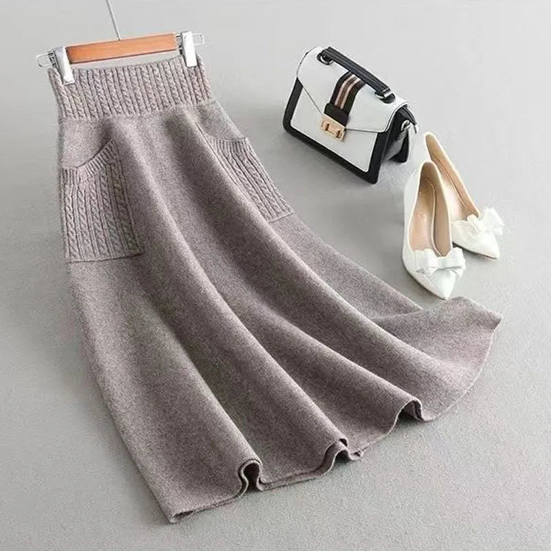 Biyaby Winter Dames Gebreide Midi Rokken Koreaanse Twee Zakken Katoenen Lange Rok