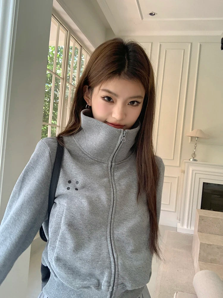 Coltruien voor dames, effen ritsontwerp, chique Koreaanse stijl, eenvoudig