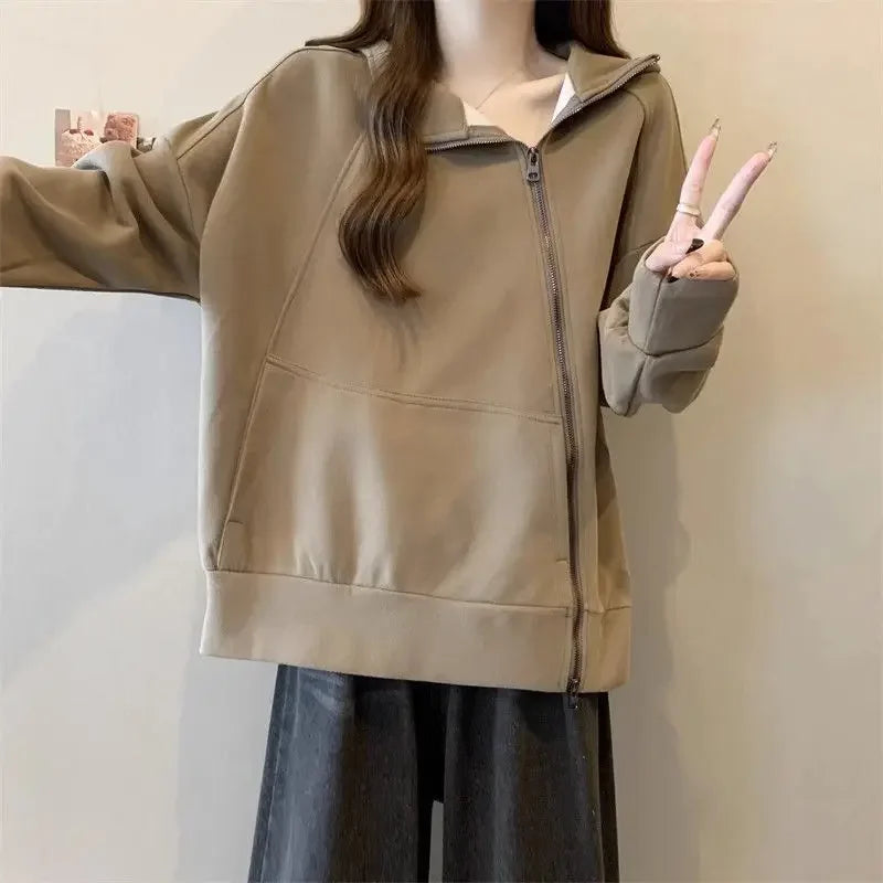 Plus Size Women Belly covering Hooded Diagonal Zipper Long sleeved Sweatshirt for Fat Girls Loose